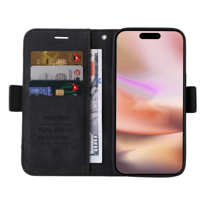 BETOPNICE - BETOPNICE 001 iPhone 16 Plus Plånboksfodral Ställ Card Slots Konstläder - Svart