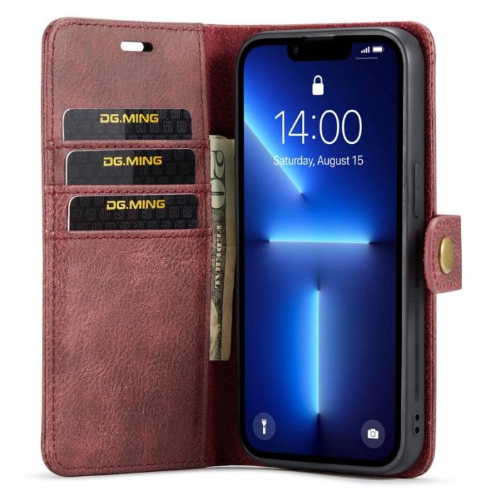 DG.MING - DG.MING iPhone 14 Pro Max Äkta Läder Plånboksfodral Magnetiskt Röd