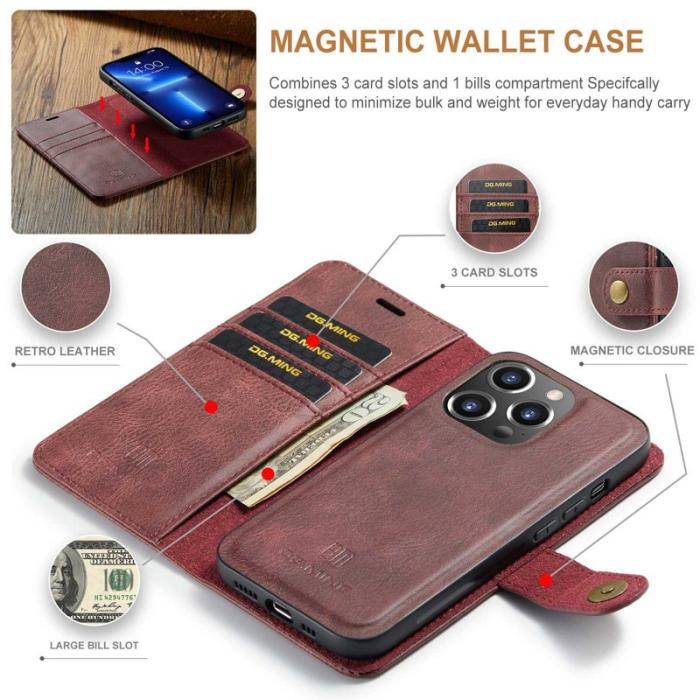 DG.MING - DG.MING iPhone 14 Pro Max Äkta Läder Plånboksfodral Magnetiskt Röd