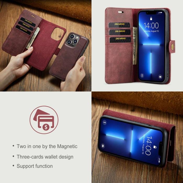 DG.MING - DG.MING iPhone 14 Pro Max Äkta Läder Plånboksfodral Magnetiskt Röd