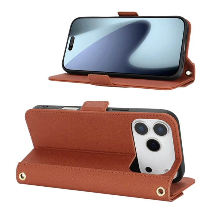 A-One Brand - iPhone 17 Pro Plånboksfodral Cross Texture med Axelrem - Brun