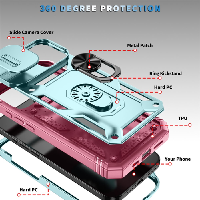 A-One Brand - iPhone 17 Mobilskal Slide Camshield Kickstand - Grön/Rosa