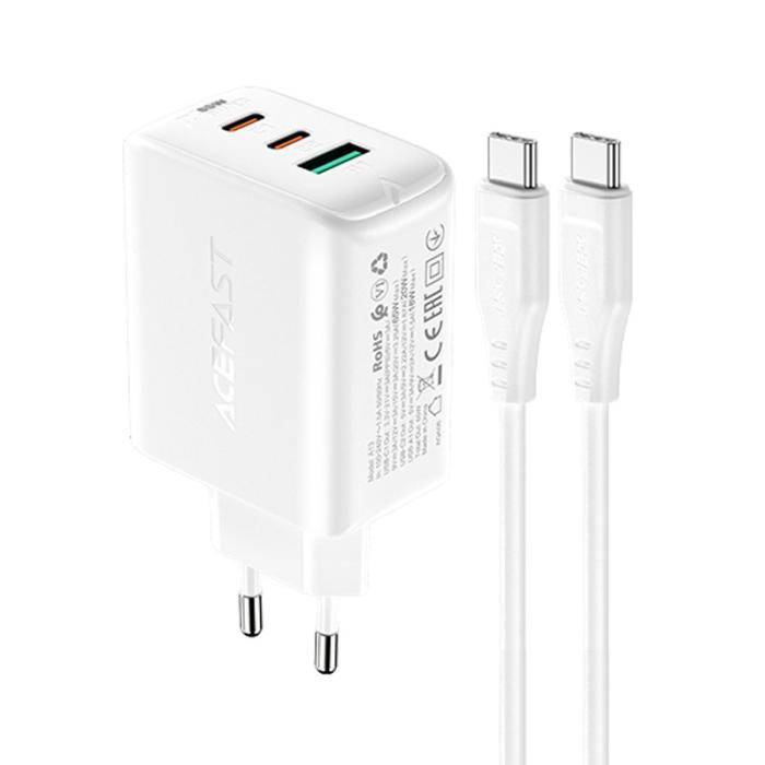 Acefast - Acefast 2in1 Väggladdare 2x USB-C Till USB 65W Kabel - Vit