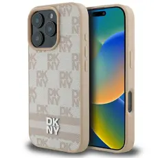 DKNY - DKNY iPhone 16 Pro Max Mobilskal Checkered Pattern Printed Stripes - Rosa