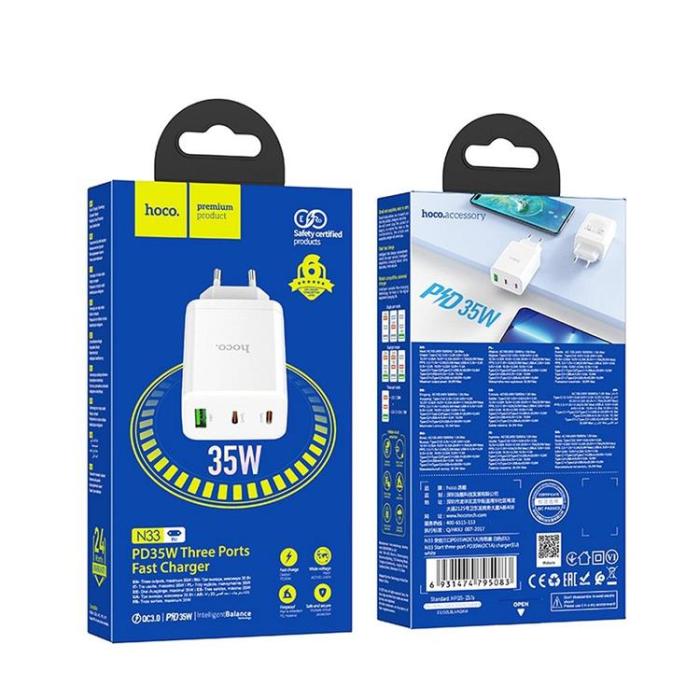 Hoco - Hoco Väggladdare 35W 2xType C + USB A N33 - Vit