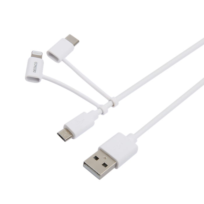 UTGATT1 - Deltaco 3in1 microUSB Typ-C Lightning Kabel 1 m - Vit
