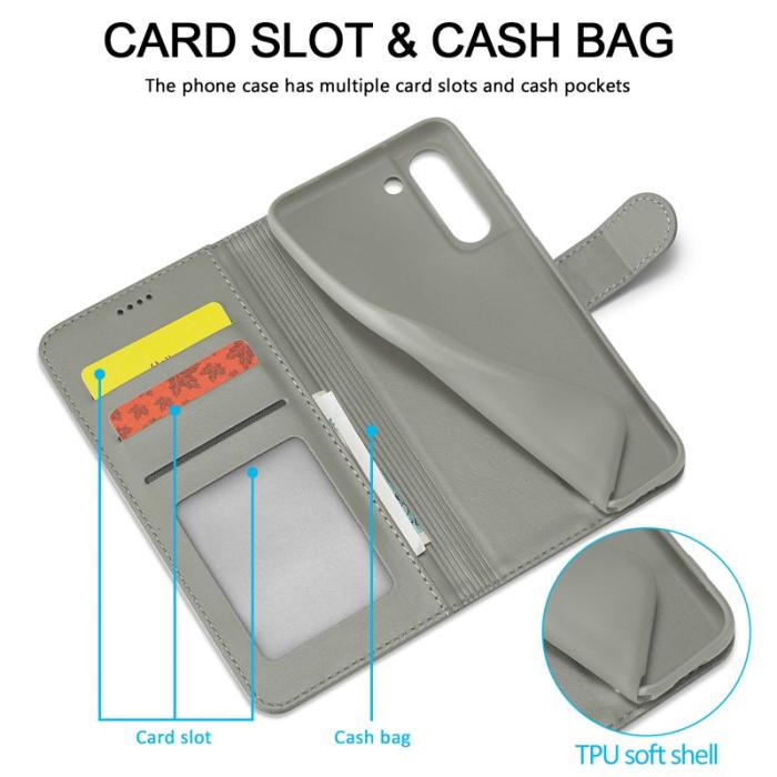 LC.imeeke - LC.IMEEKE Design Plånboksfodral i Konstläder - Grå för Samsung Galaxy S21 FE