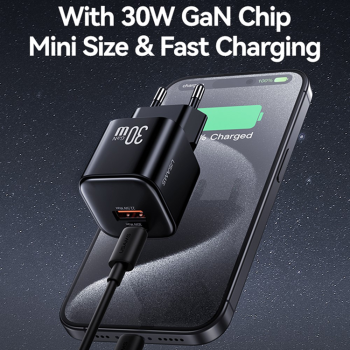 USAMS - USAMS GaN Snabbladdare USB-A - USB-C 30W CC263 Mini - Svart