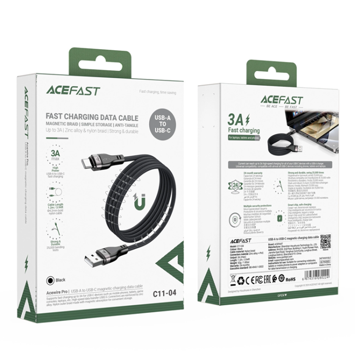Acefast - Acefast USB-A - USB-C 3A Kabel 1.2m Magnetic Braid - Svart
