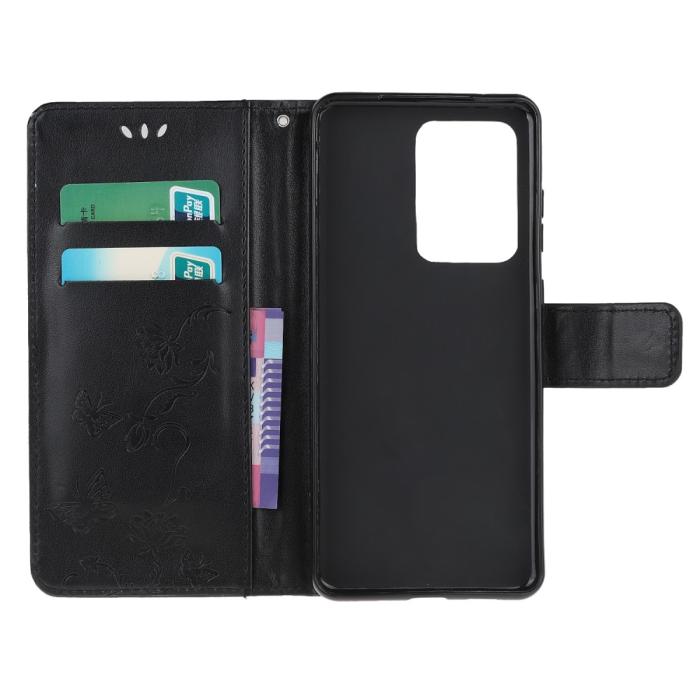 A-One Brand - Imprint Butterfly Plånboksfodral till Galaxy S21 Ultra - Svart