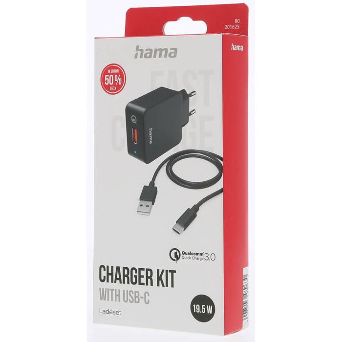 Hama - HAMA Laddare 220V med USB-C-kabel Qualcomm 19,5W - Svart