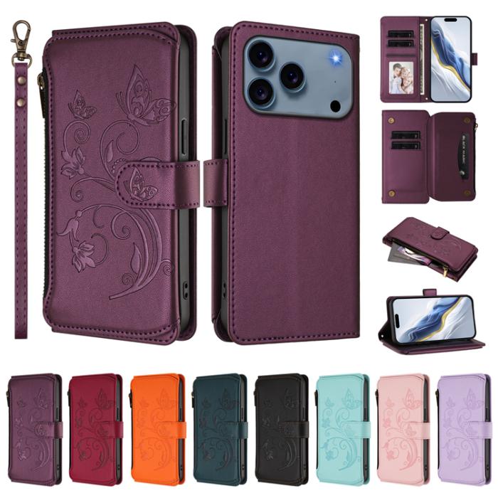 A-One Brand - iPhone 17 Pro Plånboksfodral Butterfly Floral Imprint - Lila
