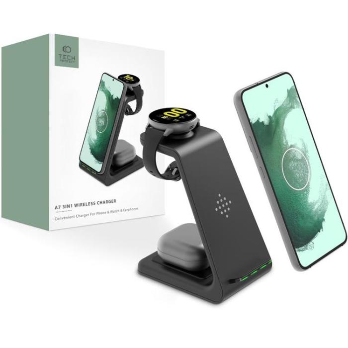 UTGATT - Tech-Protect 3-in-1 Trådlös Laddare A7 - Svart