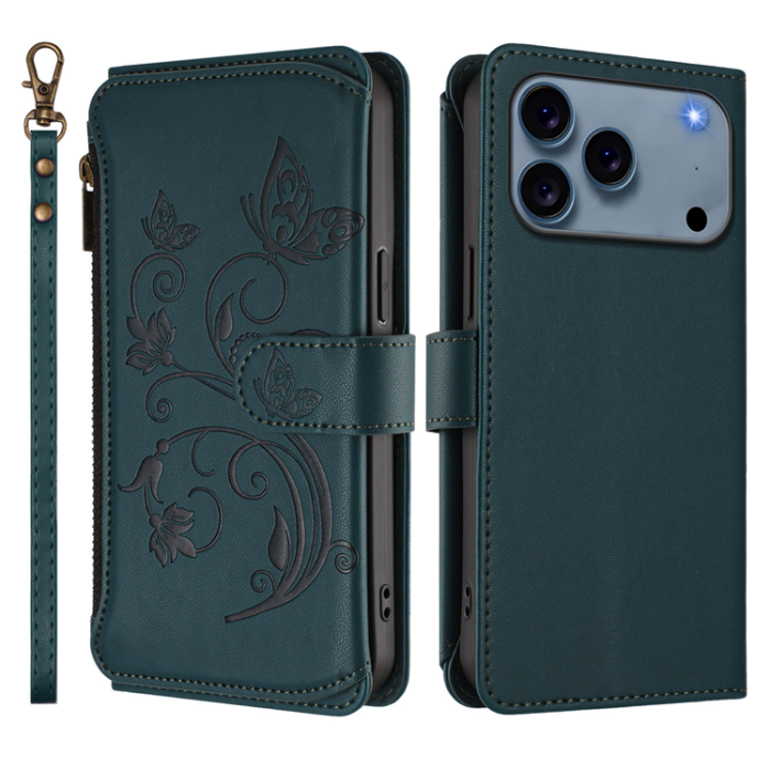 A-One Brand - iPhone 17 Pro Max Plånboksfodral Butterfly Floral Imprint - Grön