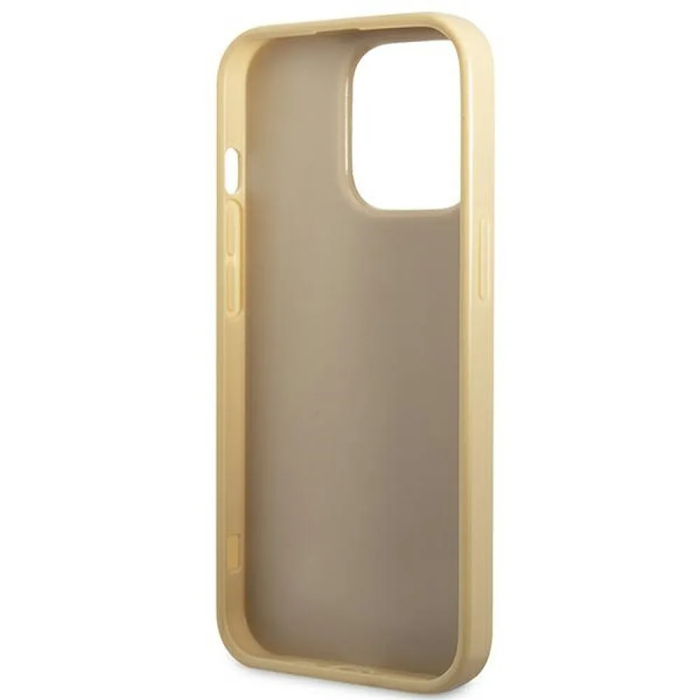 Guess - GUESS iPhone 14 Pro Skal Glitter Flakes Script Metal Logo - Guld