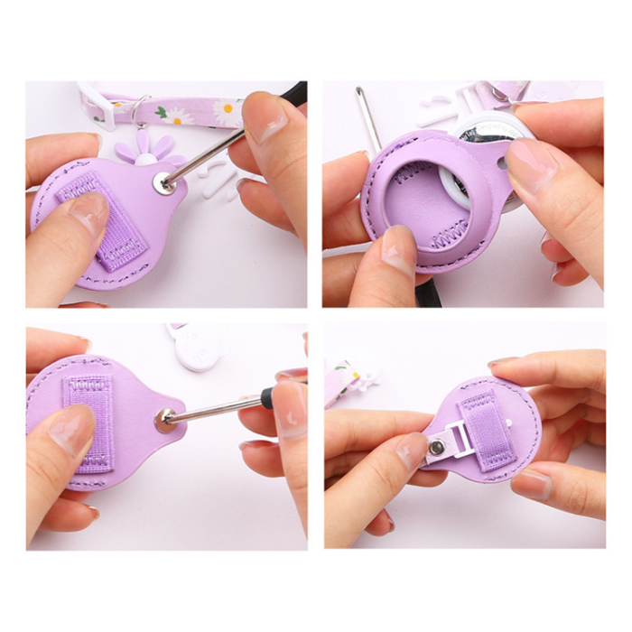 A-One Brand - Airtag Katt Halsband Blommönstrat PU-läder - Lila
