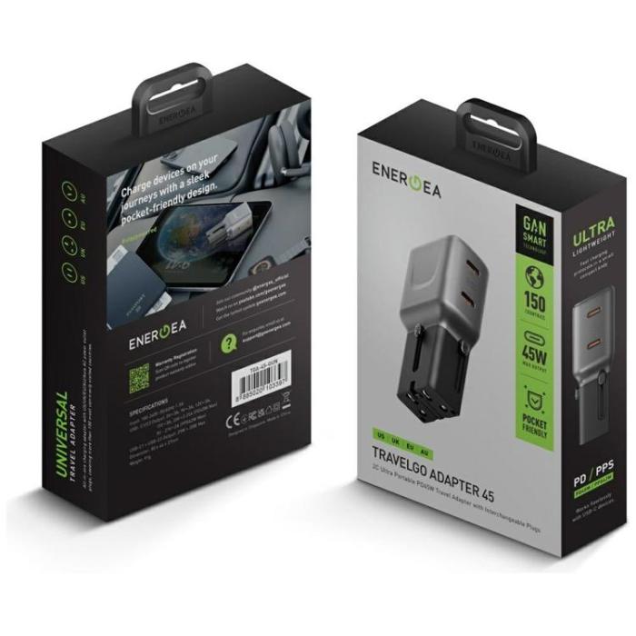 ENERGEA - Energea Snabbladdare 45W 2xUSB-C TravelGo - Grafitsvart