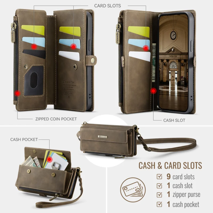 Caseme - Caseme iPhone 14 Pro Plånboksfodral RFID Blocking Zipper - Brun