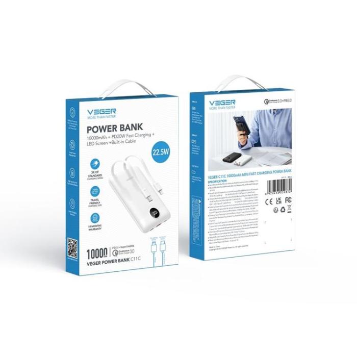 Veger - VEGER Powerbank 10000 mAh 22.5W med Lightning/Typ-C Kabel - Vit
