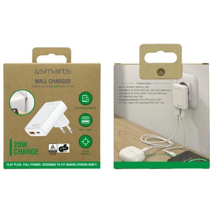 4smarts - 4smarts Snabbladdare 20W 1xUSB-C 1xUSB-A GaN FlatPlug Duos - Vit