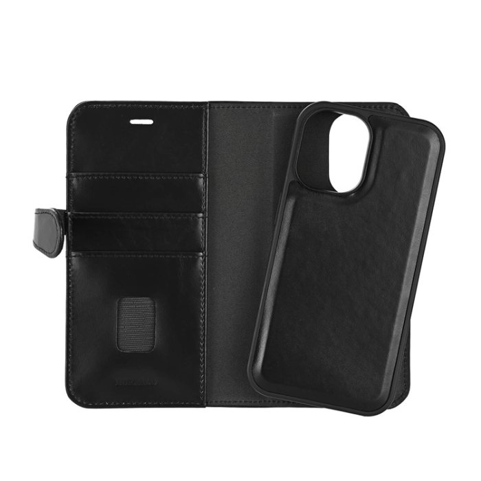 BUFFALO - BUFFALO äkta läder iPhone 16 Plånboksfodral MagSafe 2-i-1 - Svart