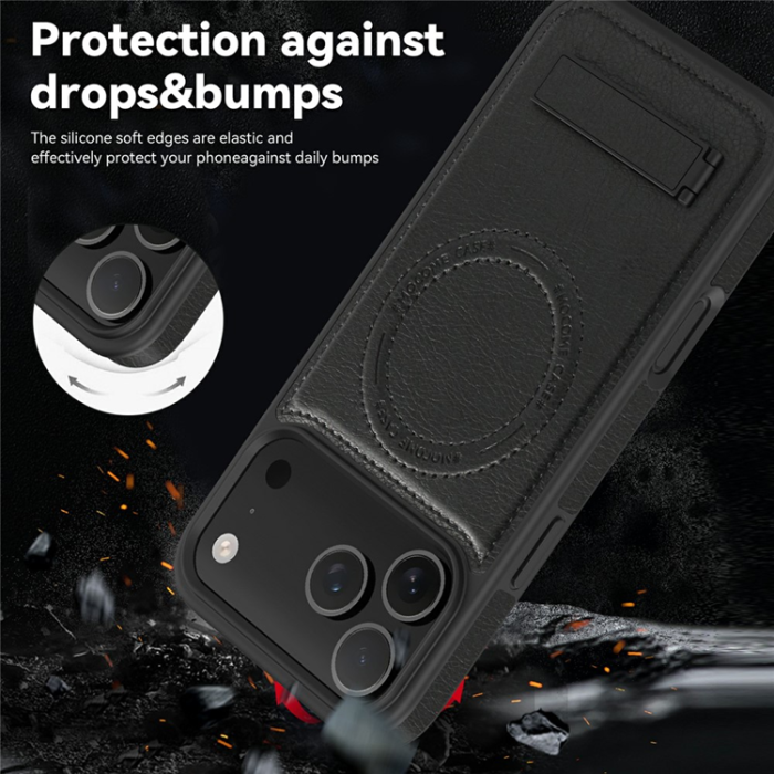 A-One Brand - iPhone 17 Pro Mobilskal MagSafe Kickstand Läder - Svart