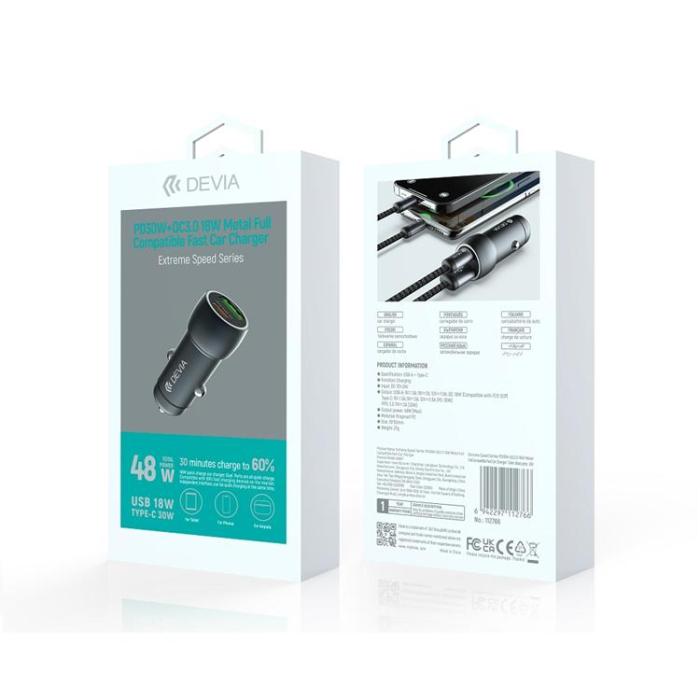 Devia - Devia Billaddare 30W + 18W 1xUSB-C 1xUSB PD QC 3.0 EA507 - Djupgrå