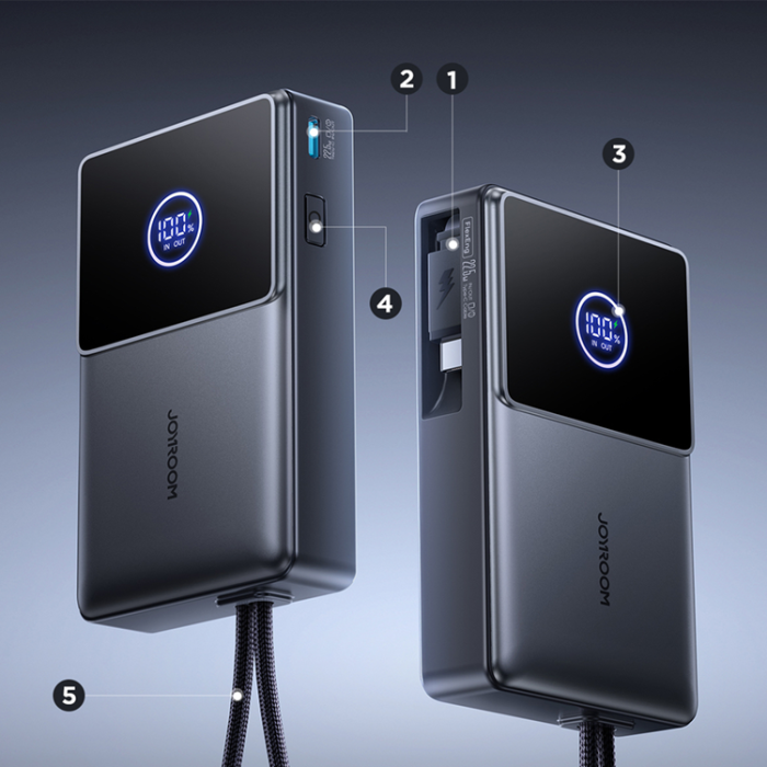 Joyroom - Joyroom Powerbank 10000mAh 22.5W med USB-C Inbyggda Kabel JR-PR1 - Svart