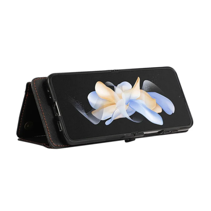 A-One Brand - Galaxy Z Flip7 Plånboksfodral Zipper Kickstand med Axelrem - Svart