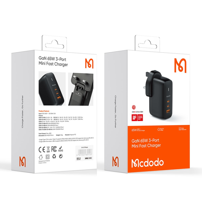 Mcdodo - MCDODO GaN Snabbladdare 65W 2x USB-C - USB-A UK Mini Svart