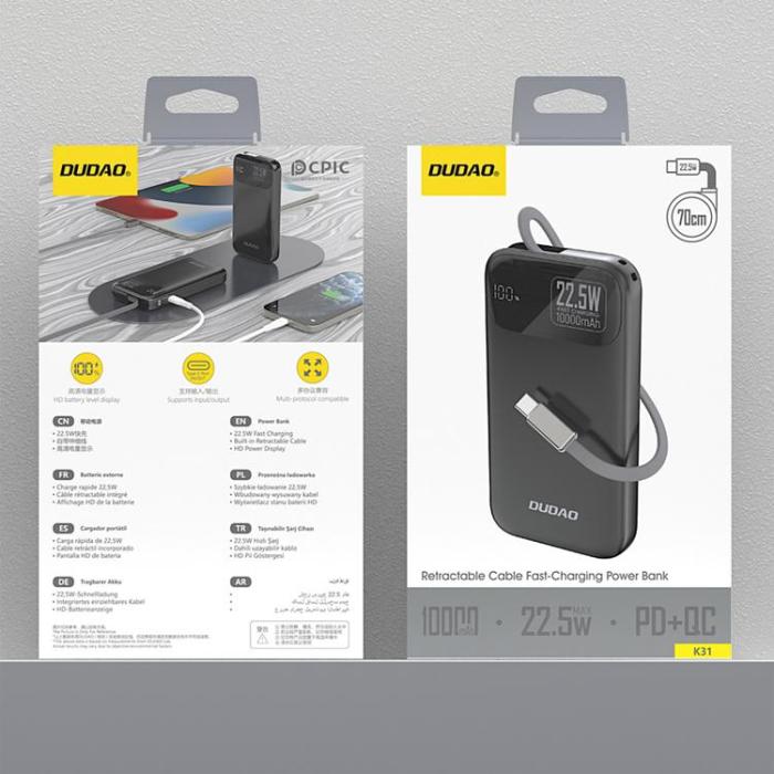Dudao - Dudao Powerbank 10000 mAh 22.5W PD med Inbyggd Kabel K31 - Svart