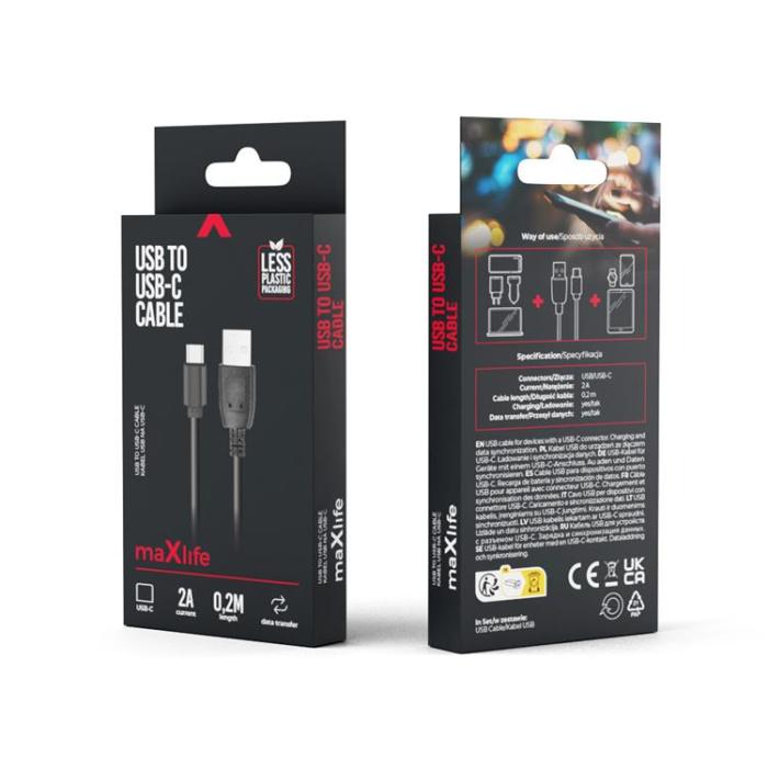 Maxlife - Maxlife USB-C till USB-A kabel 0.2m 2A - Svart