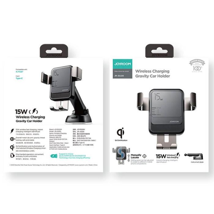 UTGATT4 - Joyroom Qi wireless 15 W car charger gravity phone holder Svart