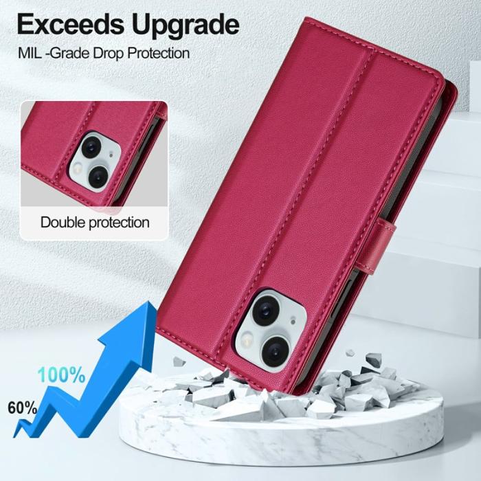 LC.imeeke - LC.IMEEKE L2 Series iPhone 15 Plånboksfodral Konstläder - Röd