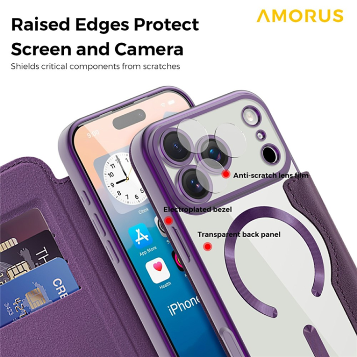 Amorus - AMORUS iPhone 17 Pro Plånboksfodral MagSafe RFID - Mörklila
