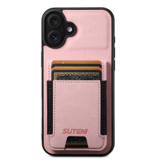 SUTENI - SUTENI iPhone 16 Mobilskal Korthållare Litchi Läder - Rosa