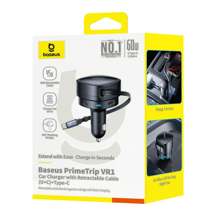 BASEUS - Baseus Billaddare 60W med Retractable Kabel PrimeTrip VR1 - Svart