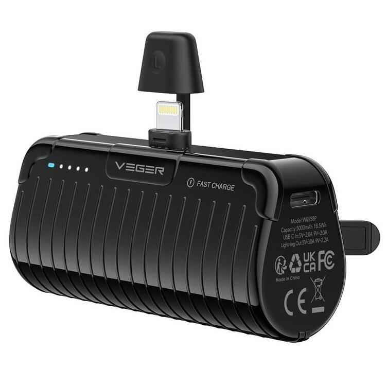 VEGER Powerbank 5000 mAh 20W med Lightning Plug PD QC 3.0 | 505295 | AlltMobil