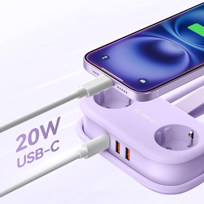 ORICO - Orico 5in1 Grenuttag 20W GaN 2xUSB-A 1xUSB-C 2xAC AP3 - Lila