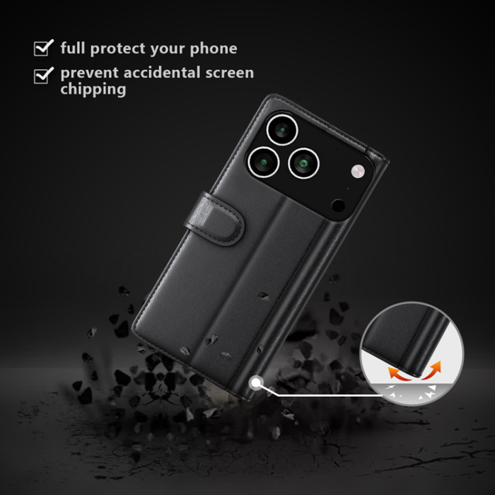 A-One Brand - iPhone 17 Pro Plånboksfodral Äkta Läder - Svart