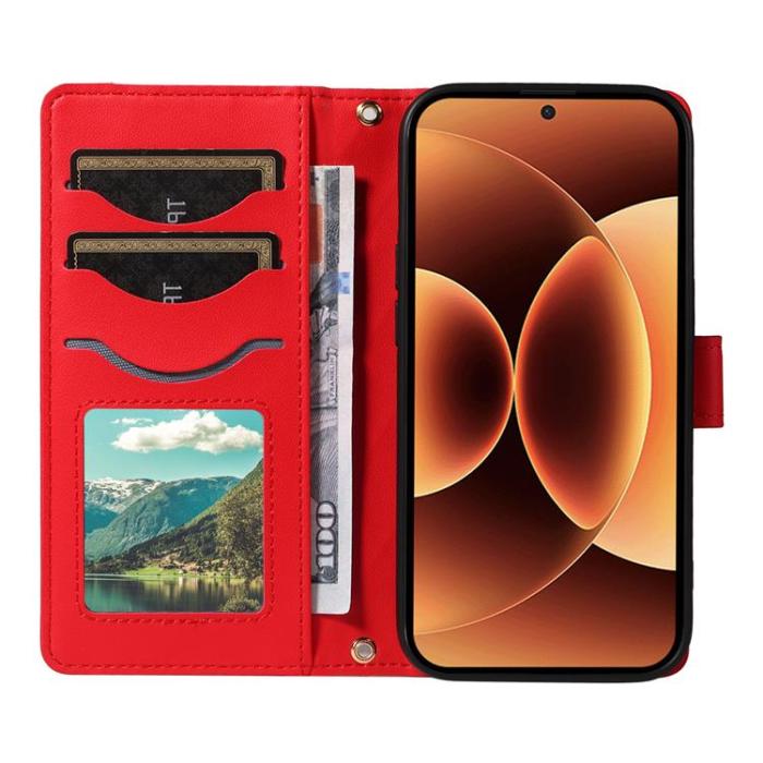 A-One Brand - Xiaomi 17 Pro Max Plånboksfodral Rhombus Läder Med Rem - Röd