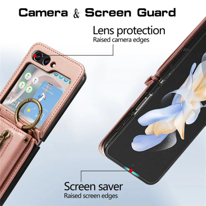 A-One Brand - Galaxy Z Flip7 Plånboksfodral Zipper Kickstand med Axelrem - Rosa Guld