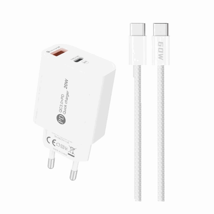 Snabbladdare A6MaxL 20W med USB-C - USB-C 1m Kabel - Vit | 505295 | AlltMobil