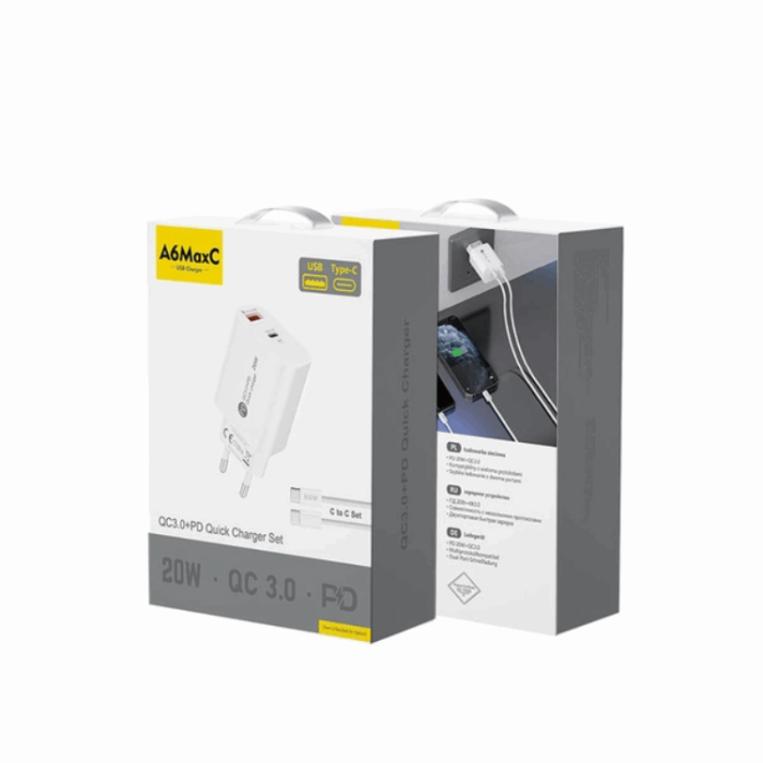 OEM - Snabbladdare A6MaxL 20W med USB-C - USB-C 1m Kabel - Vit