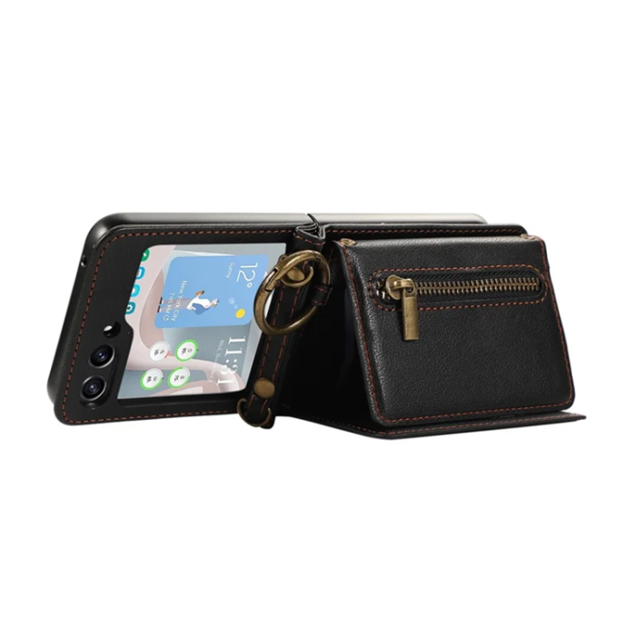 A-One Brand - Galaxy Z Flip7 Plånboksfodral Zipper Kickstand med Axelrem - Svart