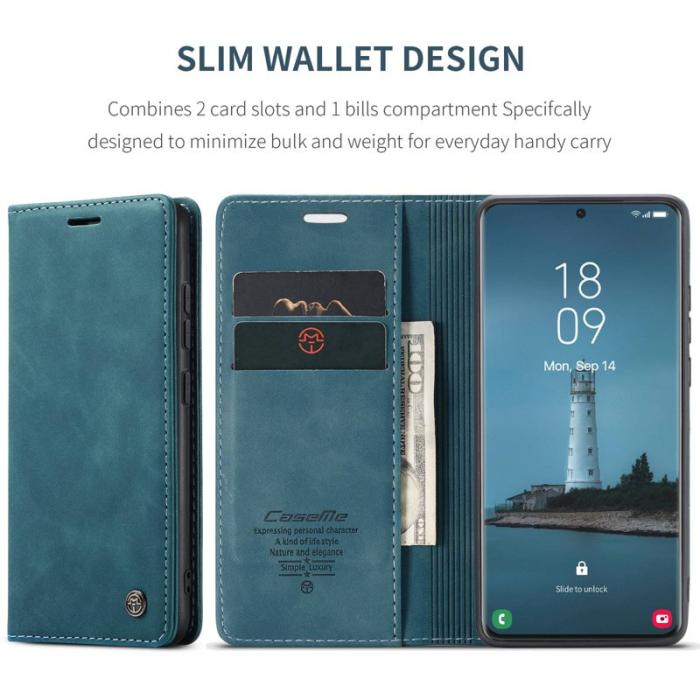 Caseme - CASEME 013 Series Plånboksfodral Konstläder för Samsung Galaxy S21 Ultra - Blå