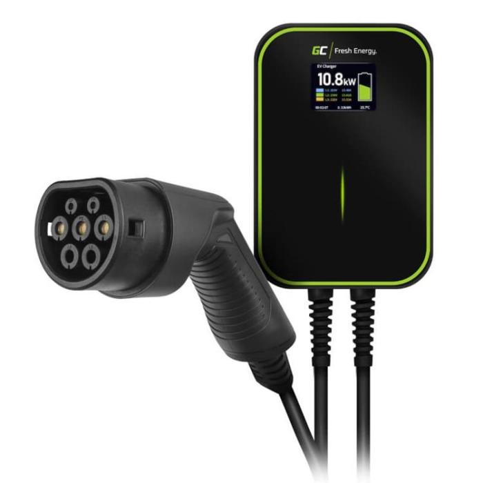UTGATT1 - GREENCELL LaddBox Elbil med Kabel EV14 Typ2 6.5m 22kW 32A LCD IP66 - Svart