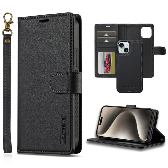 LC.imeeke - LC.IMEEKE L2 Series iPhone 15 Plånboksfodral Konstläder - Svart