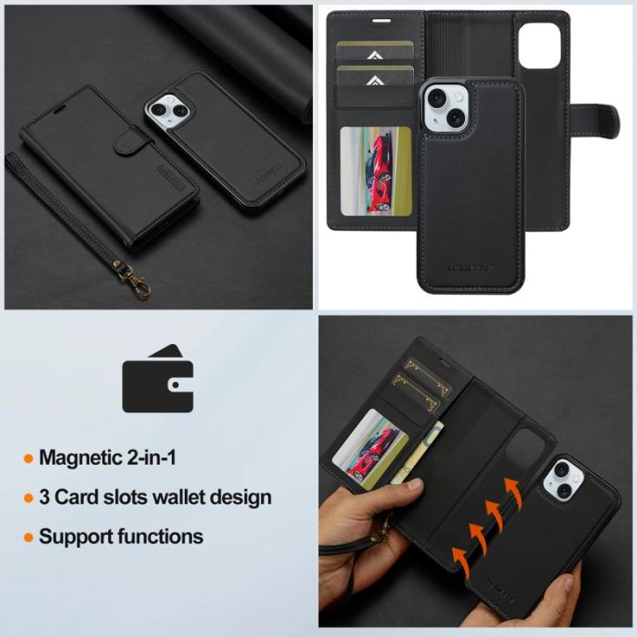 LC.imeeke - LC.IMEEKE L2 Series iPhone 15 Plånboksfodral Konstläder - Svart