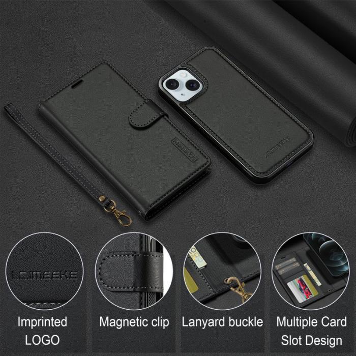 LC.imeeke - LC.IMEEKE L2 Series iPhone 15 Plånboksfodral Konstläder - Svart
